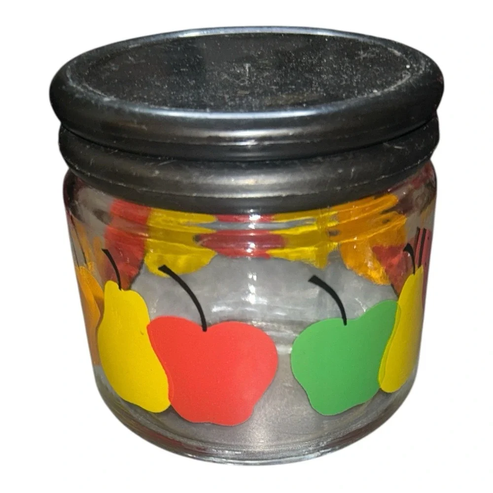 Vintage KIG Glass Jar Fruit Design Apple Pear Watermelon Black Lid 3.75